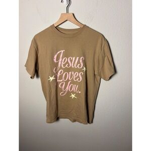 Jesus Loves You JLY Work in Progress Graphic T-Shirt Tan Pink Stars Womens M